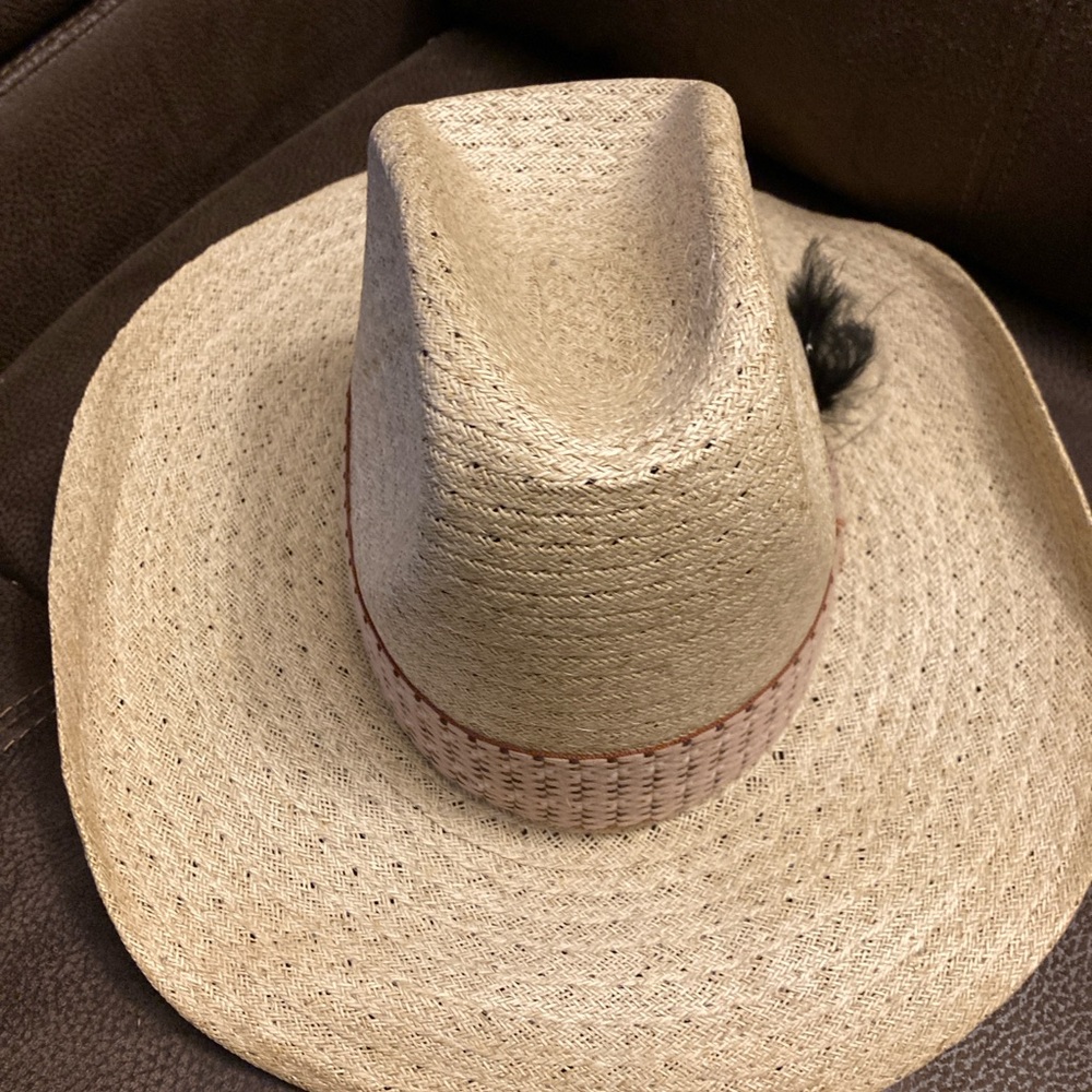 Stevens Western Beige Straw Cowboy Hat Brown Band. Name written on inside - Picture 2 of 4